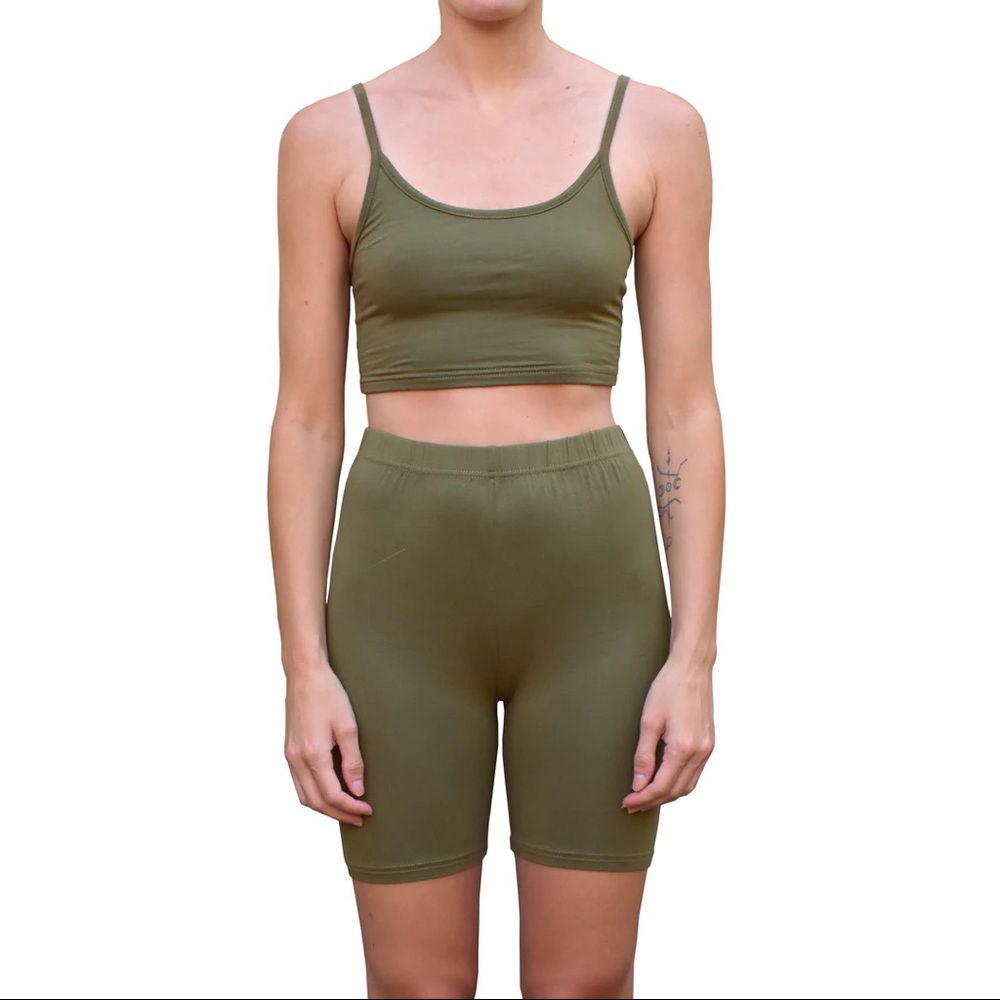 Two Piece Co-Ord Yoga Athleisure Matching Loungewear Set in Solid Olive Green